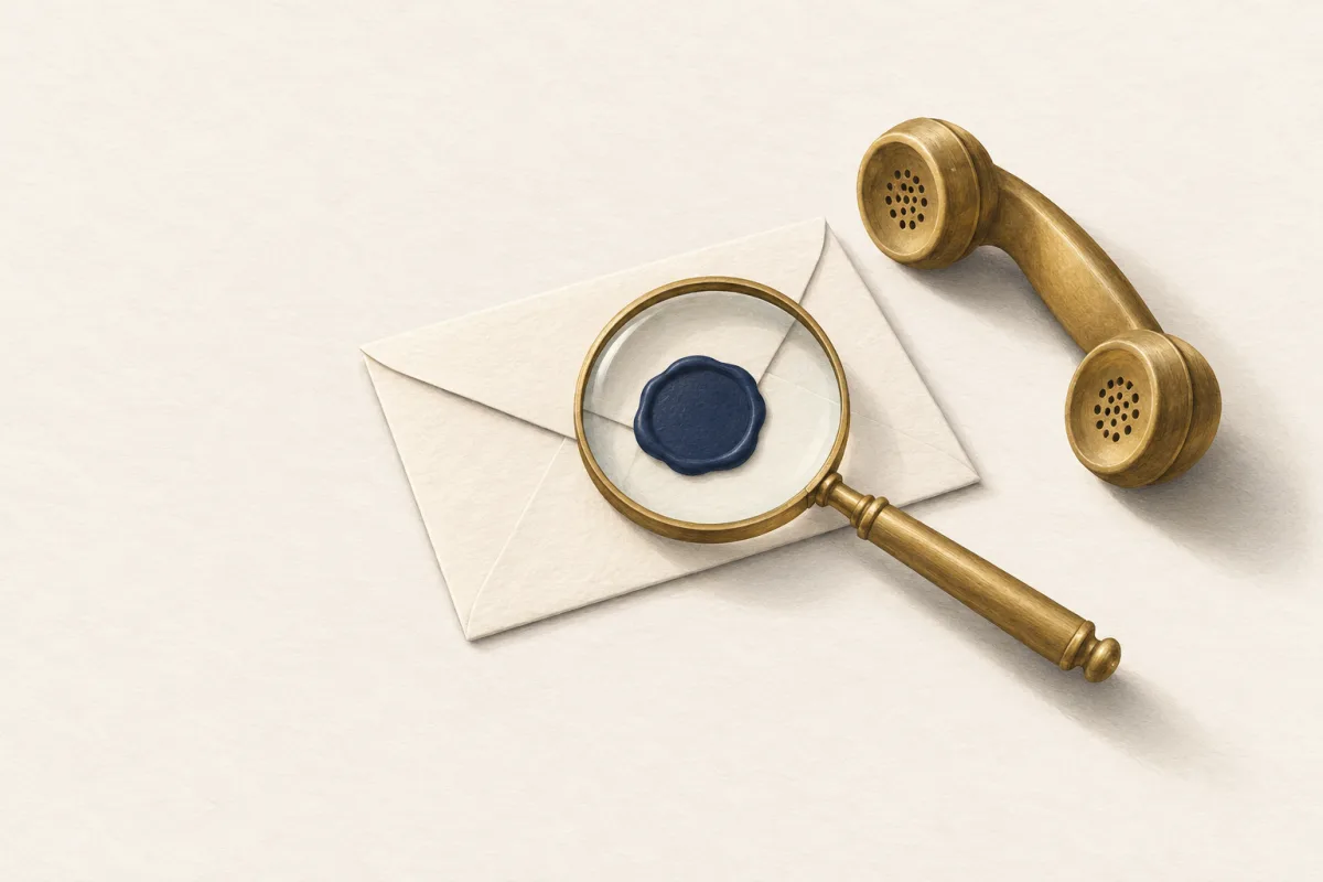 Illustration: a brass magnifying glass on a sealed ivory envelope beside a brass telephone receiver